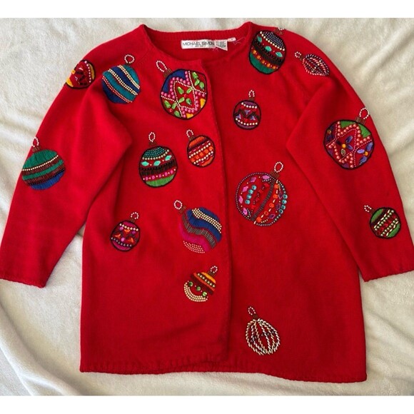 Vintage Michael Simon Ornament Beaded Christmas Sweater Cardigan Sz 2 Small XS - Picture 2 of 9